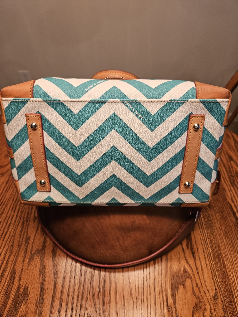 Dooney & Bourke Teal Chevron Satchel with Tan Leather Trim - Picture 10 of 11